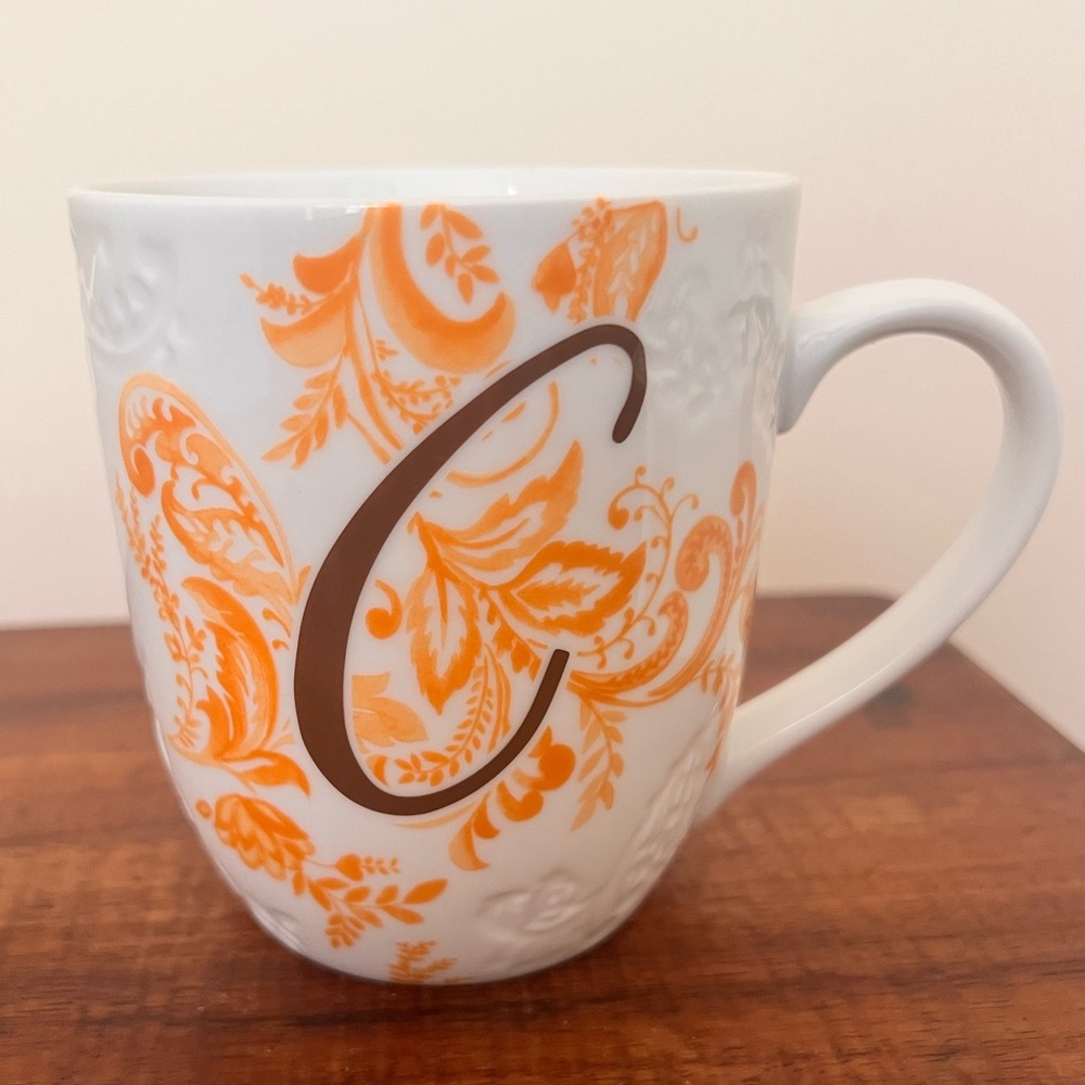 Pier 1 Monogram Cursive ’C’ Mug Peach Damask Floral Design. AVA pattern.